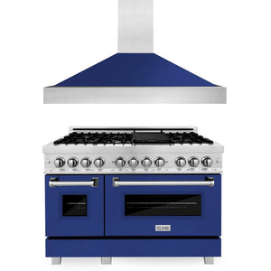 ZLINE 48 in. Kitchen Package with Satin Stainless Steel Dual Fuel Range with Blue Gloss Door and Convertible Vent Range Hood (2KP-RASBGRH48) main image.
