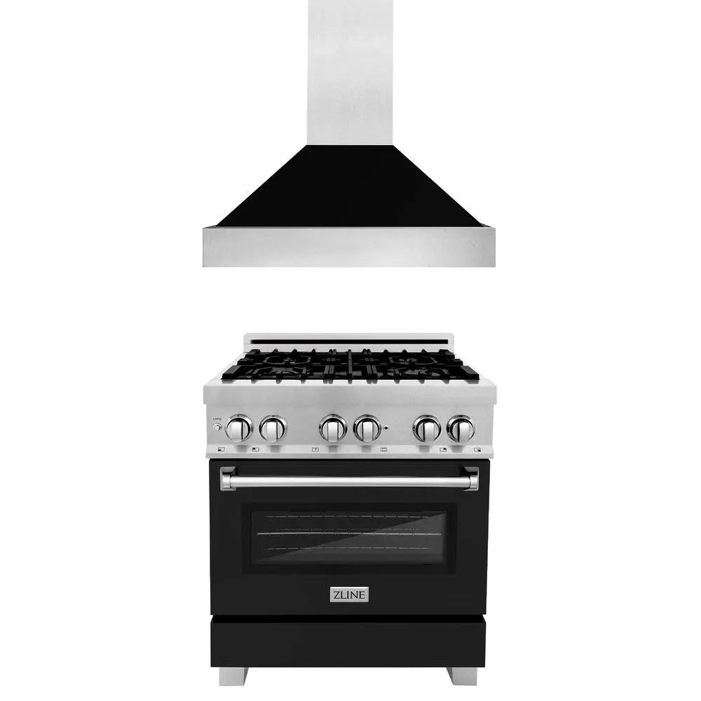 ZLINE 30 in. Kitchen Package with Satin Stainless Steel Dual Fuel Range with Black Matte Door and Convertible Vent Range Hood (2KP-RASBLMRH30) main image.