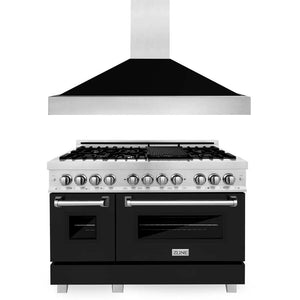 ZLINE 48 in. Kitchen Package with Satin Stainless Steel Dual Fuel Range with Black Matte Door and Convertible Vent Range Hood (2KP-RASBLMRH48) main image.
