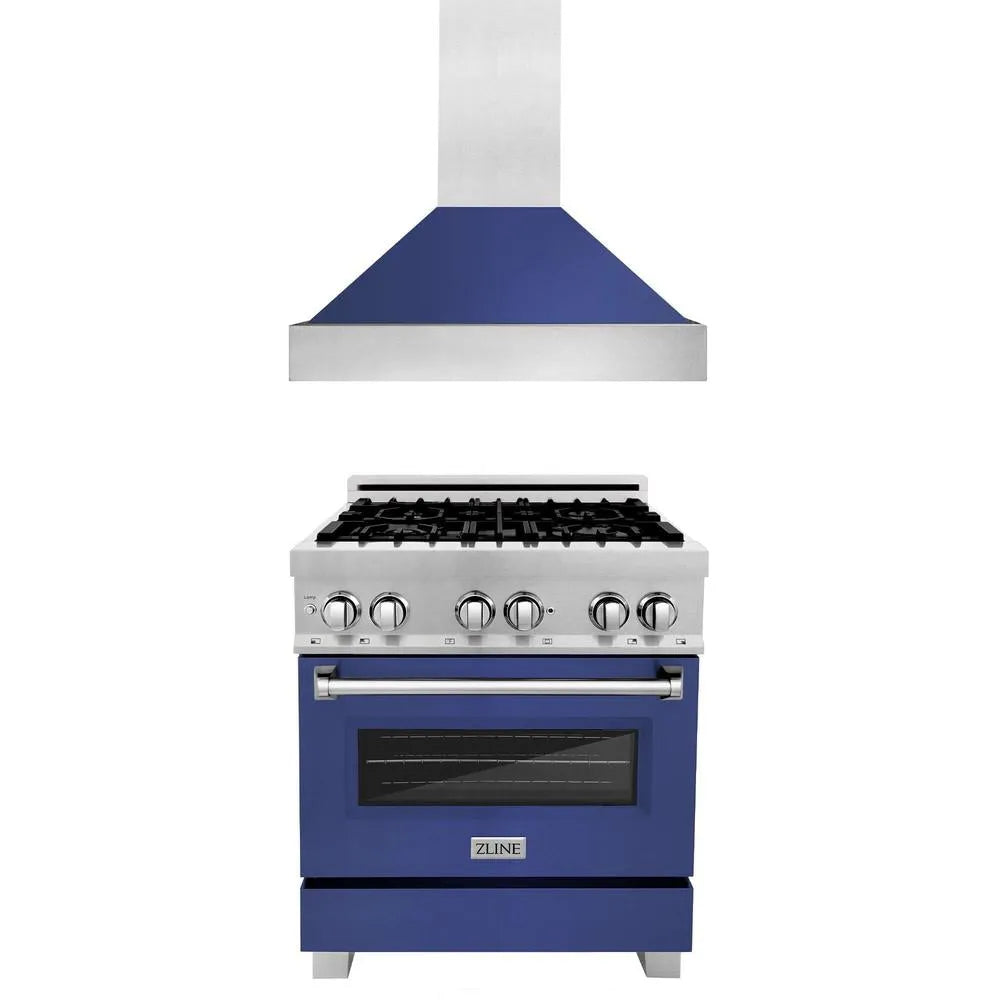 ZLINE 30 in. Kitchen Package with Satin Stainless Steel Dual Fuel Range with Blue Matte Door and Convertible Vent Range Hood (2KP-RASBMRH30) main image.