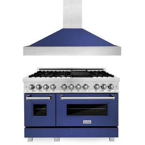 ZLINE 48 in. Kitchen Package with Satin Stainless Steel Dual Fuel Range with Blue Matte Door and Convertible Vent Range Hood (2KP-RASBMRH48) main image.