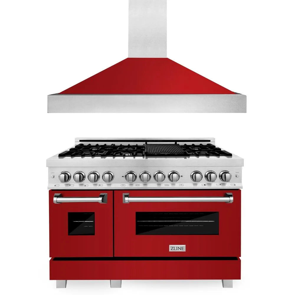 ZLINE 48 in. Kitchen Package with Satin Stainless Steel Dual Fuel Range with Red Gloss Door and Convertible Vent Range Hood (2KP-RASRGRH48) main image.