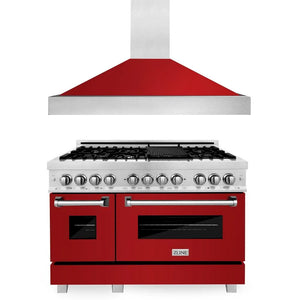 ZLINE 48 in. Kitchen Package with Satin Stainless Steel Dual Fuel Range with Red Gloss Door and Convertible Vent Range Hood (2KP-RASRGRH48) main image.