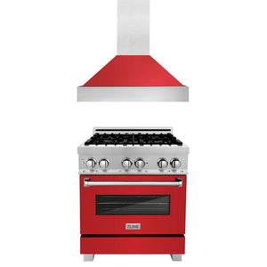 ZLINE 30 in. Kitchen Package with Satin Stainless Steel Dual Fuel Range with Red Matte Door and Convertible Vent Range Hood (2KP-RASRMRH30) main image.