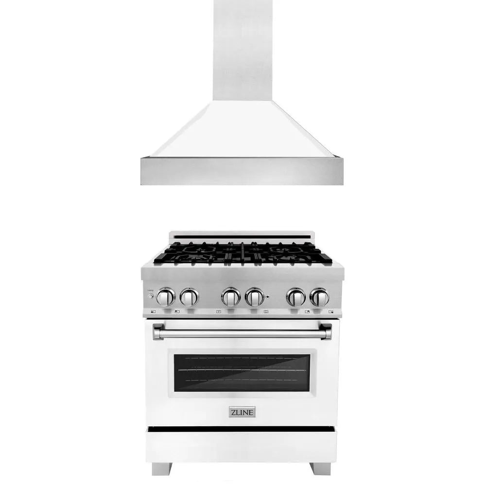 ZLINE 30 in. Kitchen Package with Satin Stainless Steel Dual Fuel Range with White Matte Door and Convertible Vent Range Hood (2KP-RASWMRH30) main image.
