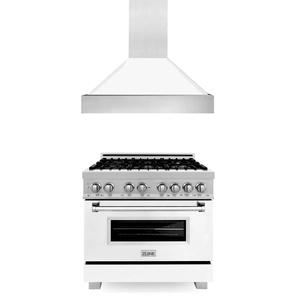 ZLINE 36 in. Kitchen Package with Satin Stainless Steel Dual Fuel Range with White Matte Door and Convertible Vent Range Hood (2KP-RASWMRH36) main image.