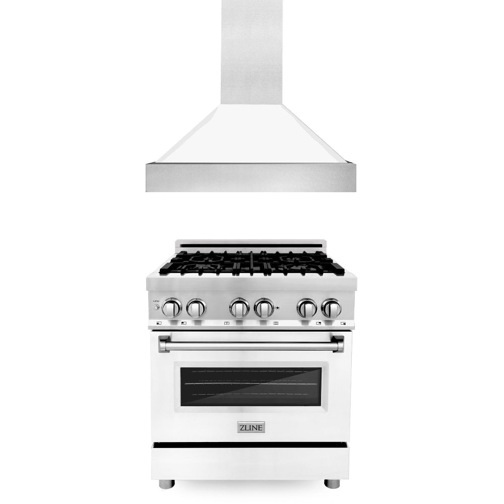 ZLINE 30 in. Kitchen Package with Stainless Steel Dual Fuel Range with White Matte Door and Convertible Vent Range Hood (2KP-RAWMRH30)