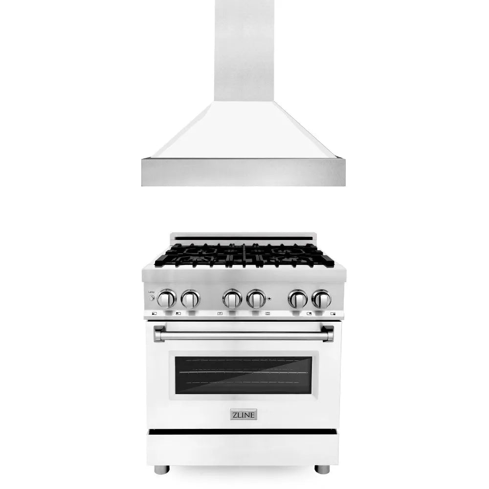 ZLINE 30 in. Kitchen Package with Stainless Steel Dual Fuel Range with White Matte Door and Convertible Vent Range Hood (2KP-RAWMRH30) main image.