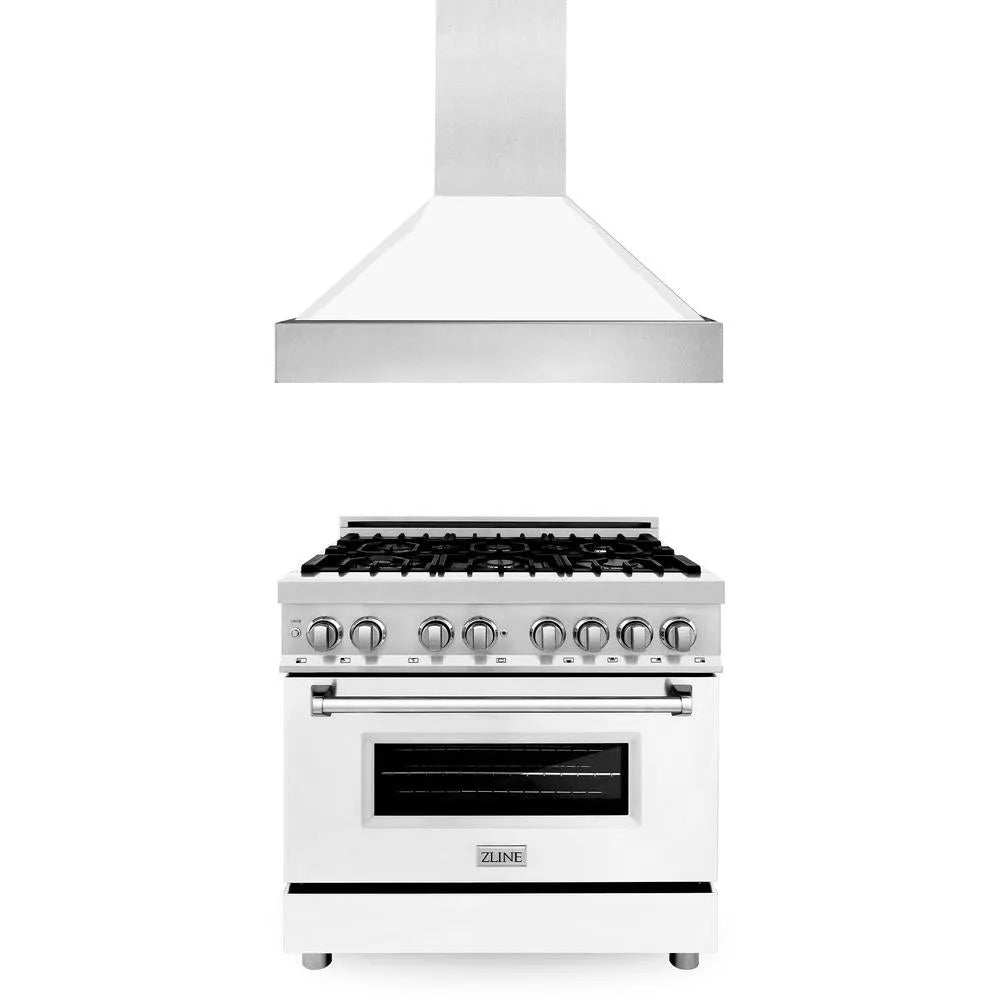 ZLINE 36 in. Kitchen Package with Stainless Steel Dual Fuel Range with White Matte Door and Convertible Vent Range Hood (2KP-RAWMRH36) main image.
