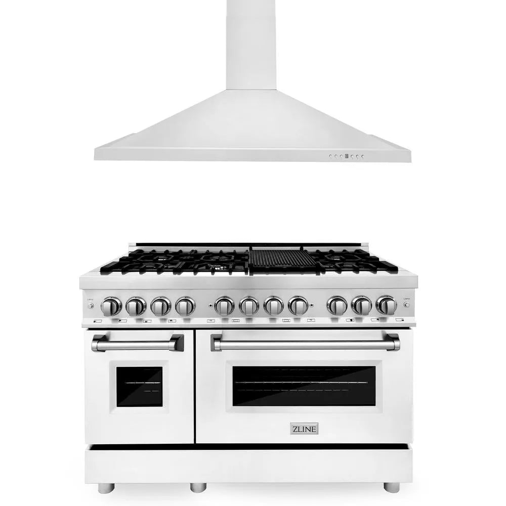 ZLINE 48 in. Kitchen Package with Stainless Steel Dual Fuel Range with White Matte Door and Convertible Vent Range Hood (2KP-RAWMRH48) main image.