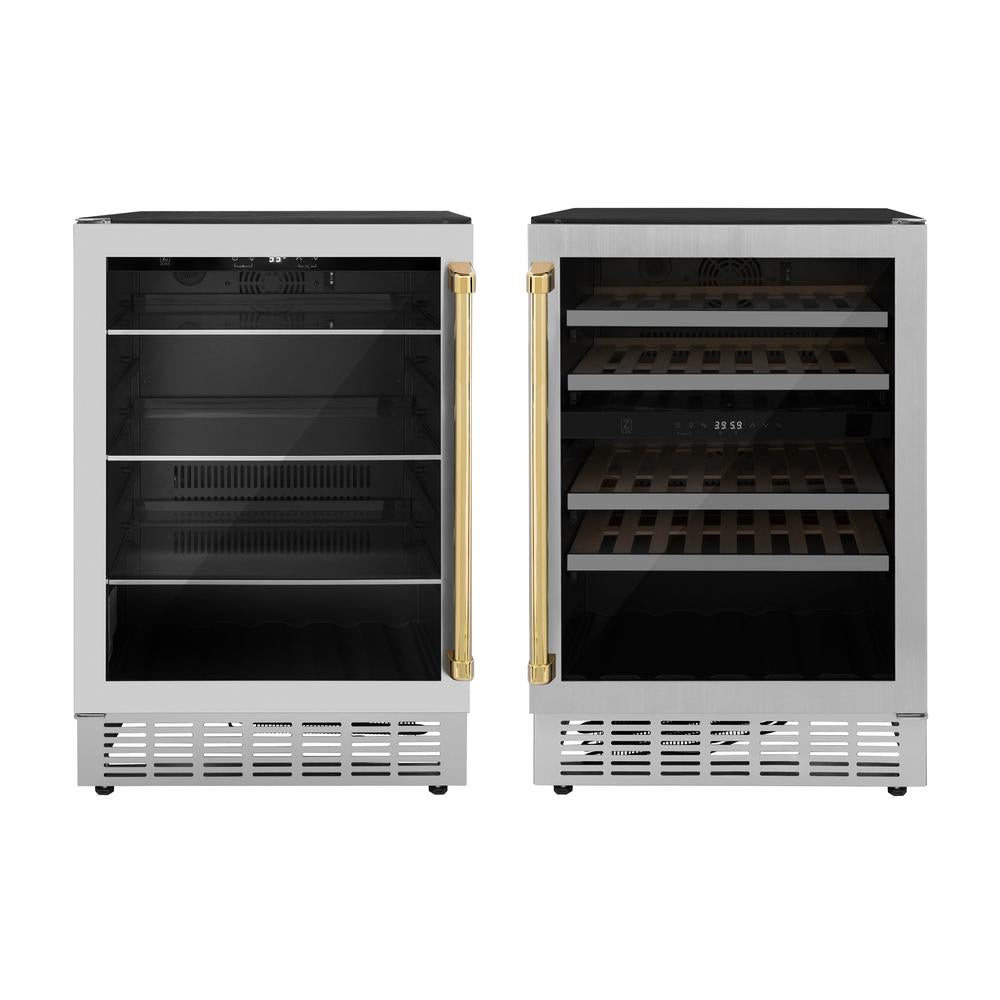 ZLINE Autograph Edition Kitchen Package with 24 in. Wine Cooler and 24 in. Beverage Fridge with Polished Gold Accents (2AKP-RBV-RWV-G)
