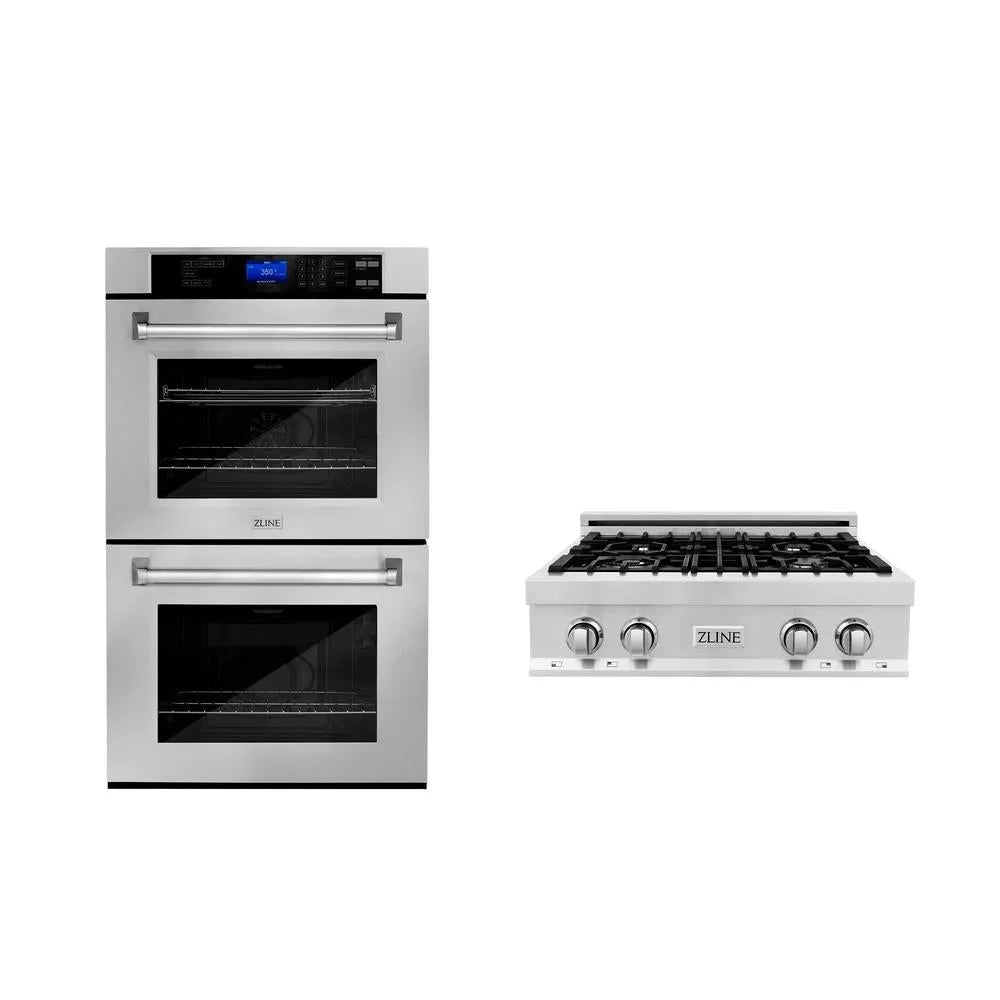 ZLINE Kitchen Package with 30 in. Stainless Steel Rangetop and 30 in. Double Wall Oven (2KP-RTAWD30) main image.
