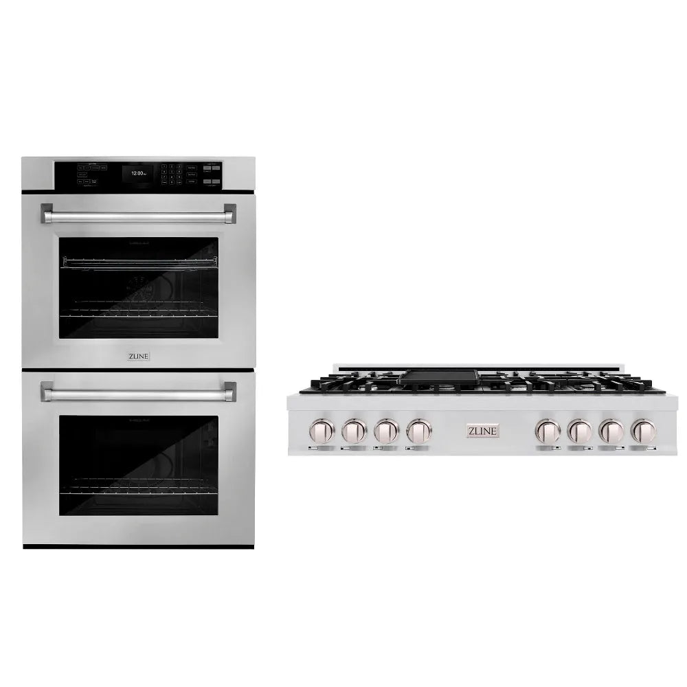 ZLINE Kitchen Package with 48 in. Stainless Steel Rangetop and 30 in. Double Wall Oven (2KP-RTAWD48) main image.