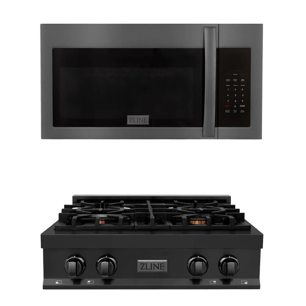 ZLINE Kitchen Package with 30 in. Black Stainless Steel Rangetop and 30 in. Over The Range Microwave with Modern Handle (2KP-RTBOTR30) main image.