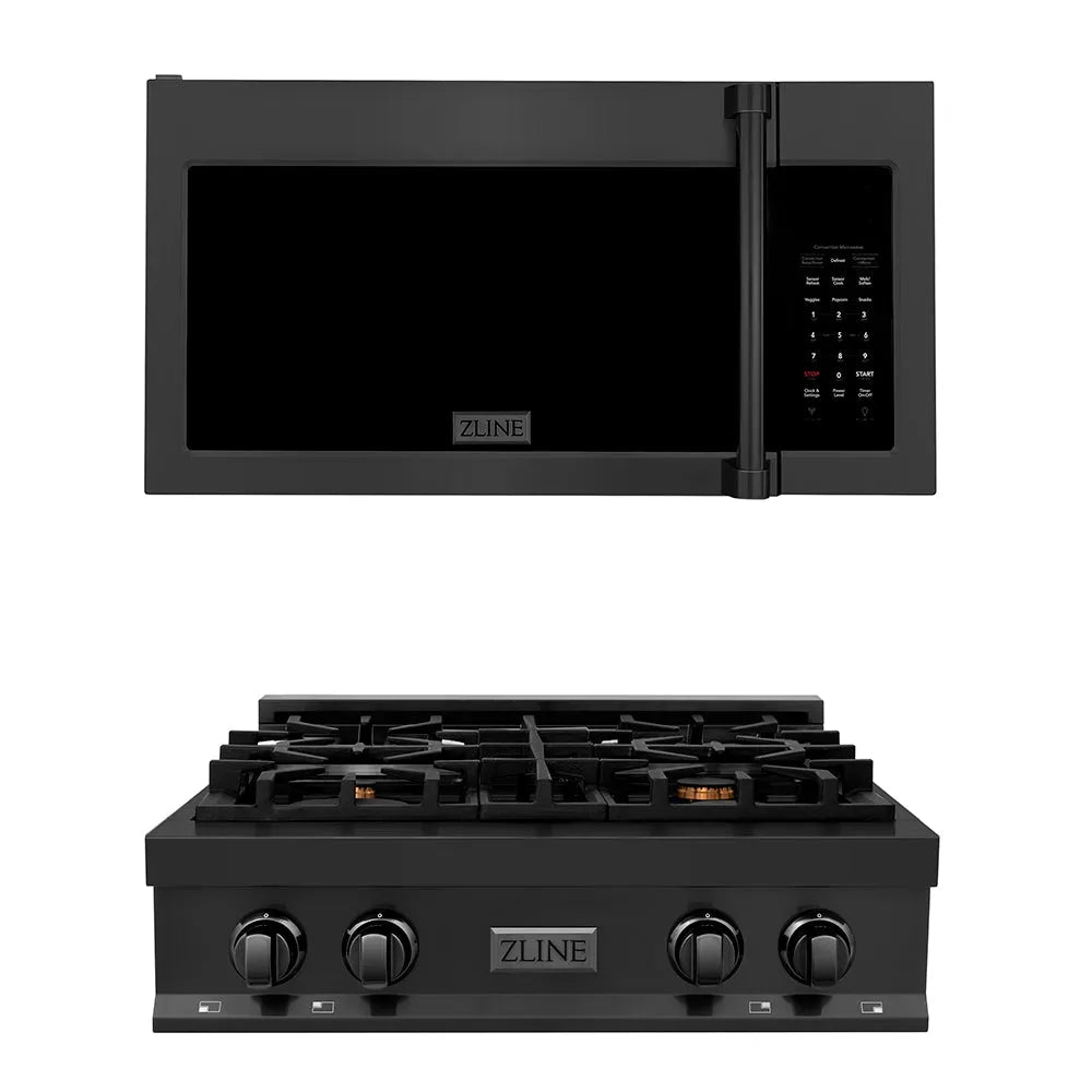 ZLINE Kitchen Package with 30 in. Black Stainless Steel Rangetop and 30 in. Over The Range Microwave with Traditional Handle (2KP-RTBOTRH30) main image.