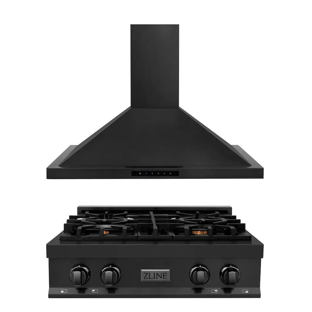 ZLINE Kitchen Package with 30 in. Black Stainless Steel Rangetop and 30 in. Convertible Range Hood (2KP-RTBRH30) main image.