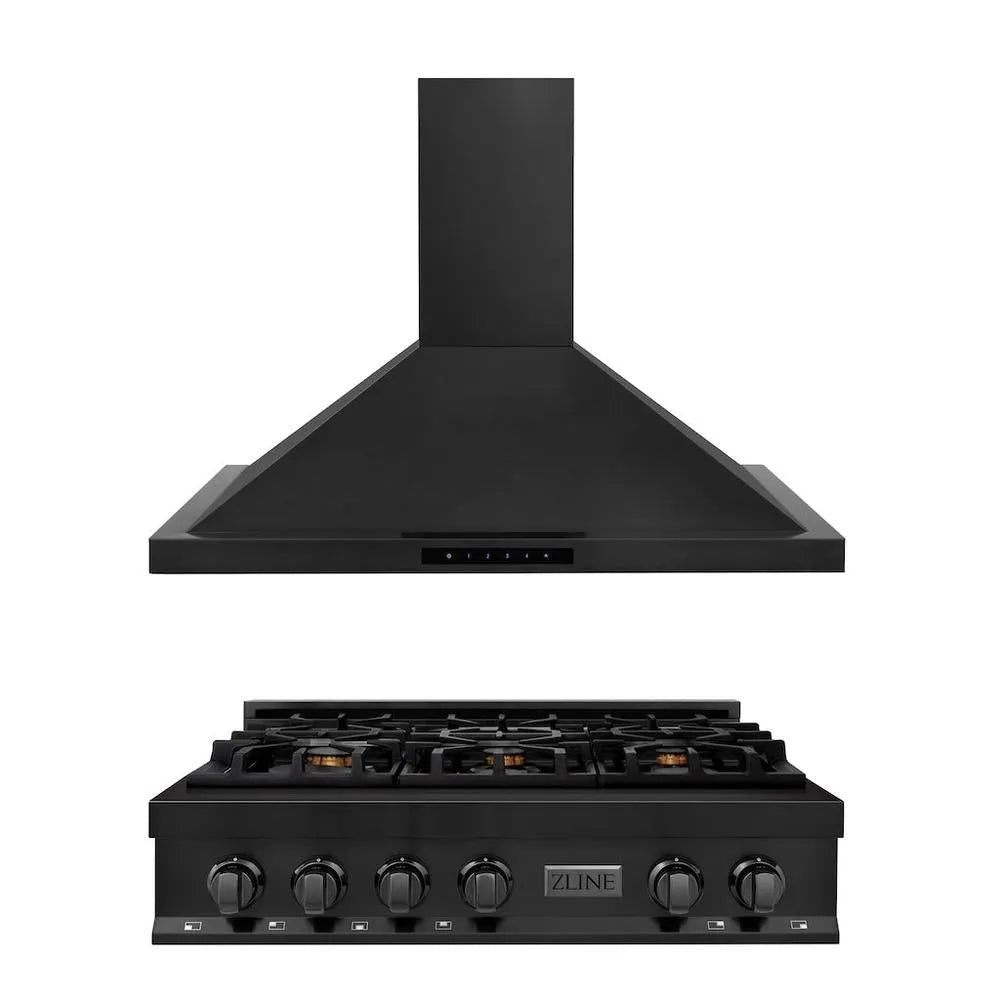 ZLINE Kitchen Package with 36 in. Black Stainless Steel Rangetop and 36 in. Convertible Range Hood (2KP-RTBRH36) main image.