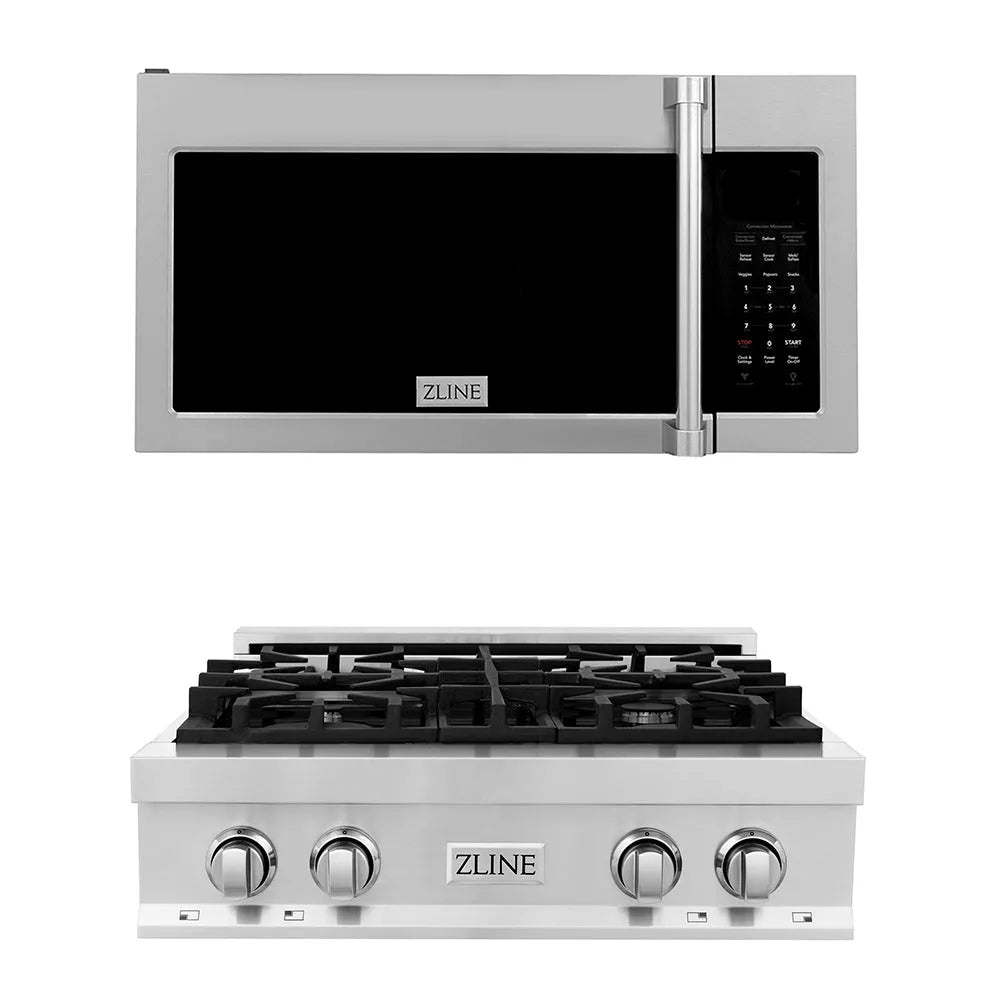 ZLINE Kitchen Package with 30 in. Stainless Steel Rangetop and 30 in. Over The Range Microwave with Traditional Handle (2KP-RTOTRH30) main image.