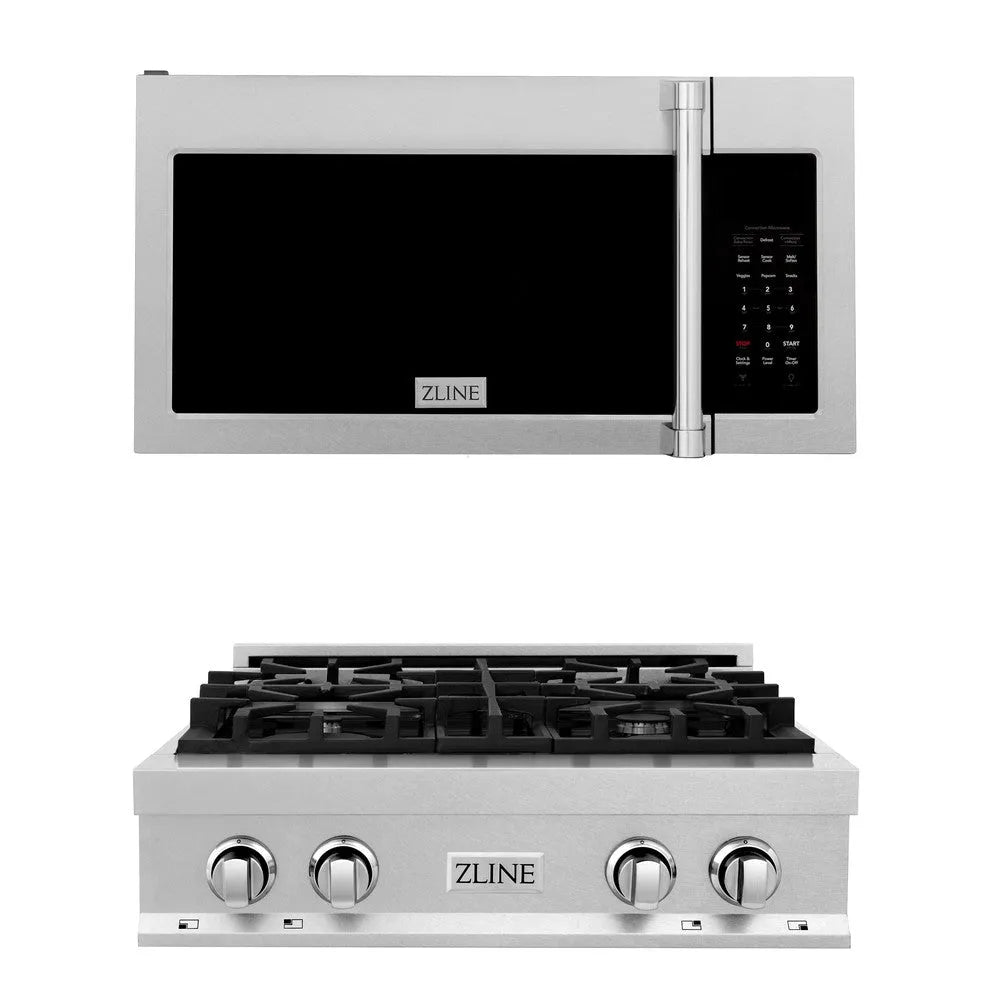 ZLINE Kitchen Package with 30 in. Satin Stainless Steel Rangetop and 30 in. Over The Range Microwave with Modern Handle (2KP-RTSOTR30) main image.