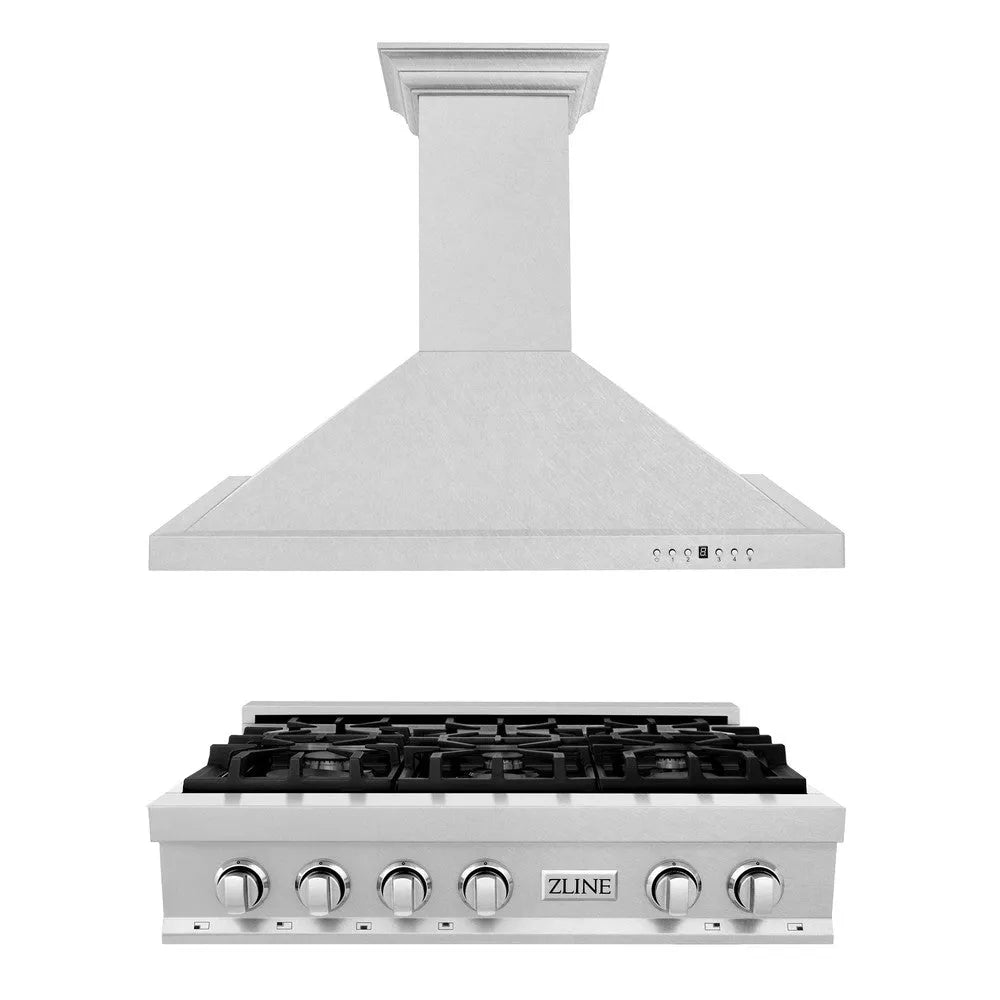 ZLINE Kitchen Package with 36 in. Satin Stainless Steel Rangetop and Convertible Range Hood (2KP-RTSRH36) main image.