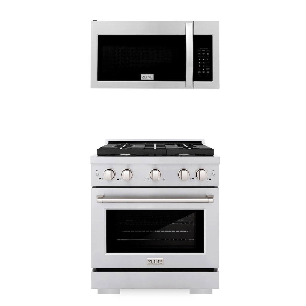 ZLINE 30 in. Kitchen Package Stainless Steel Gas Range and Over The Range Microwave with Modern Handle (2KP-SGROTR30) 