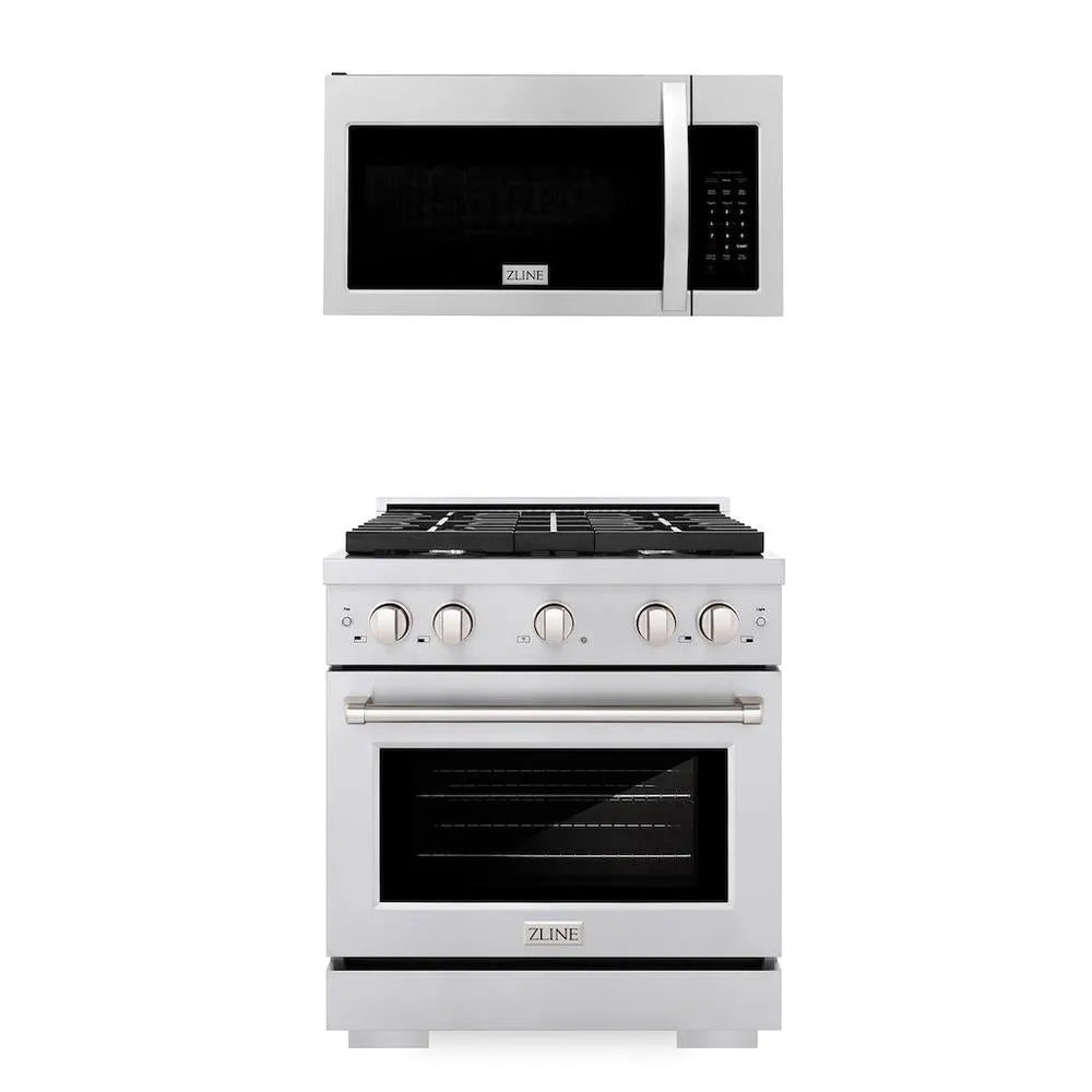 ZLINE 30 in. Kitchen Package Stainless Steel Gas Range and Over The Range Microwave with Modern Handle (2KP-SGROTR30) main image.