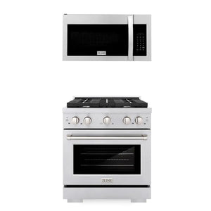 ZLINE 30 in. Kitchen Package Stainless Steel Gas Range and Over The Range Microwave with Modern Handle (2KP-SGROTR30) main image.