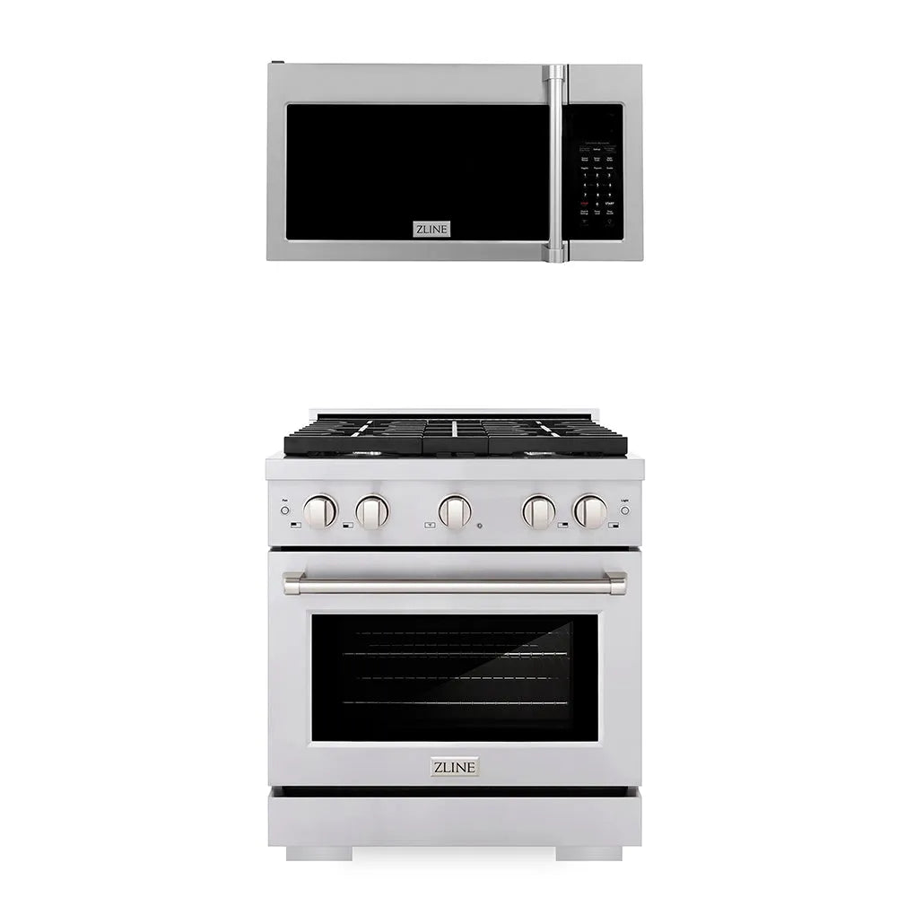 ZLINE 30 in. Kitchen Package Stainless Steel Gas Range and Over The Range Microwave with Traditional Handle (2KP-SGROTRH30) main image.