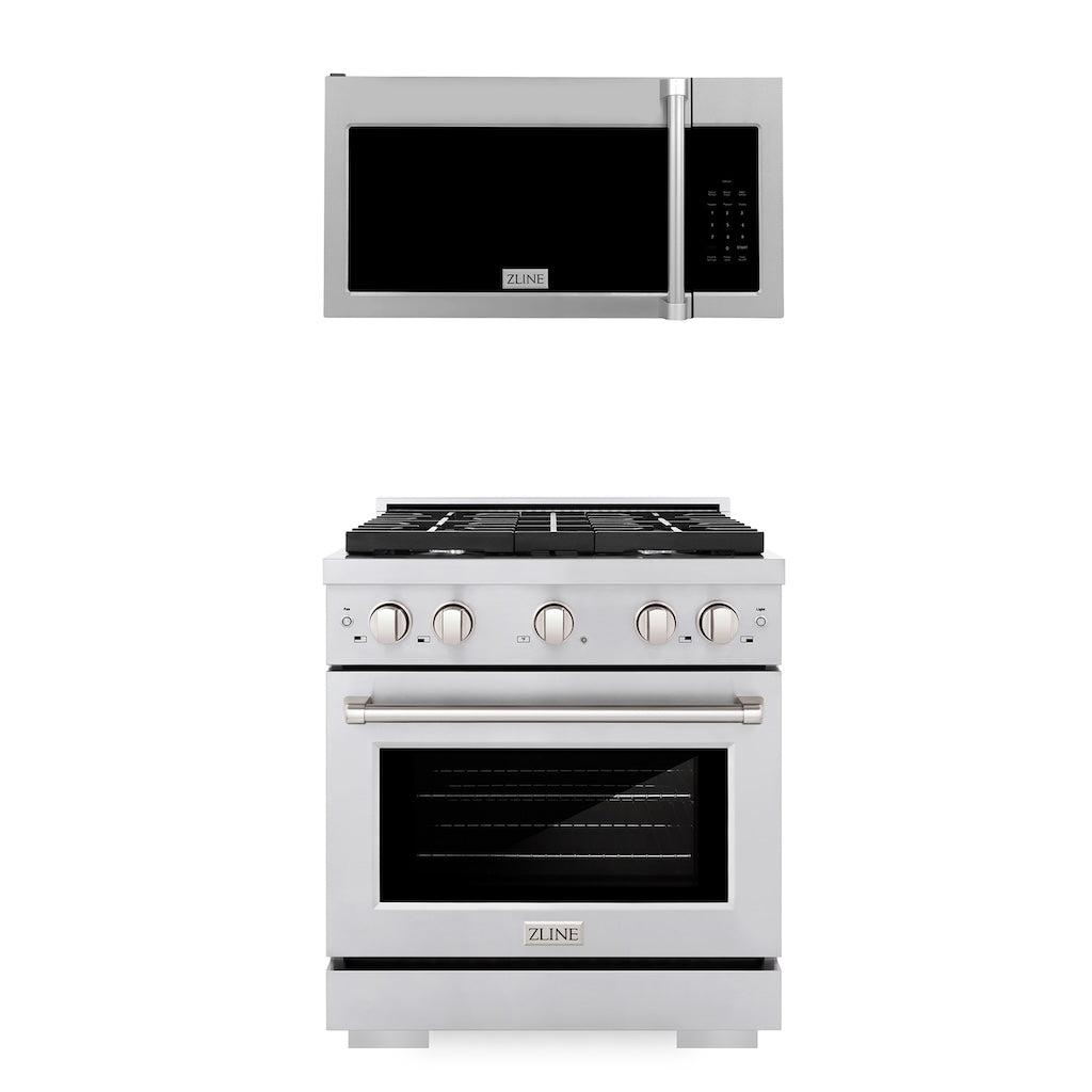 ZLINE 30 in. Kitchen Package Stainless Steel Gas Range and Over The Range Microwave with Traditional Handle (2KP-SGROTRH30) 