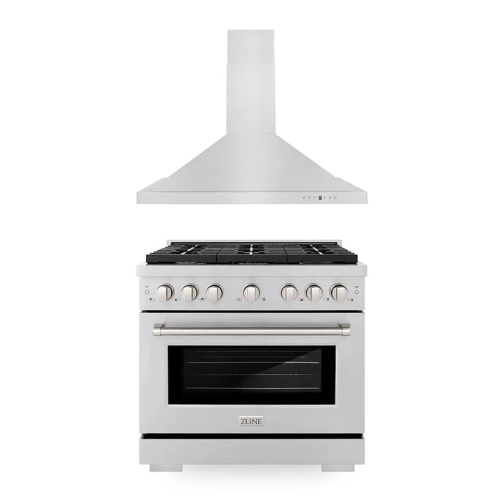 ZLINE 36 in. Kitchen Package with Stainless Steel Gas Range and Convertible Vent Range Hood (2KP-SGRRH36) main image.