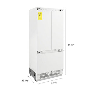 ZLINE 36 in. 19.6 cu. ft. Panel Ready French Door Built-In Bottom Freezer Refrigerator with Water Dispenser and Ice Maker (RBIV-36) dimensional diagram.