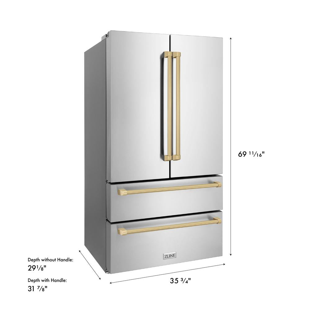 ZLINE Autograph Edition 36 in. 22.5 cu. ft. Counter-Depth French Door Refrigerator with Ice Maker in Fingerprint-Resistant Stainless Steel with Champagne Bronze Traditional Handles (RFMZ-36-CB) dimensional diagram.