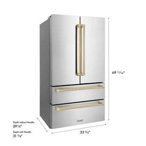 ZLINE Autograph Edition 36 in. 22.5 cu. ft. Counter-Depth French Door Refrigerator with Ice Maker in Fingerprint-Resistant Stainless Steel with Champagne Bronze Traditional Handles (RFMZ-36-CB) dimensional diagram.