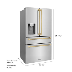 ZLINE Autograph Edition 36 in. 21.6 cu. ft. Counter-Depth French Door Refrigerator with Water and Ice Dispenser in Fingerprint-Resistant Stainless Steel with Champagne Bronze Traditional Handles (RFMZ-W-36-CB) dimensional diagram.