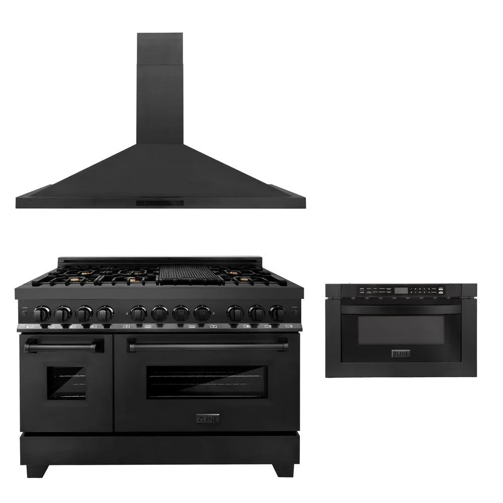 ZLINE 48 in. Kitchen Package with Black Stainless Steel Dual Fuel Range, Convertible Vent Range Hood and Microwave Drawer (3KP-RABRH48-MW) main image.