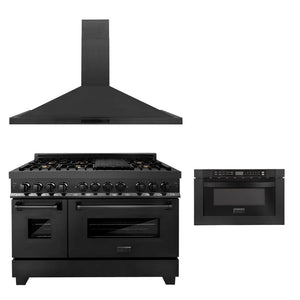 ZLINE 48 in. Kitchen Package with Black Stainless Steel Dual Fuel Range, Convertible Vent Range Hood and Microwave Drawer (3KP-RABRH48-MW) main image.