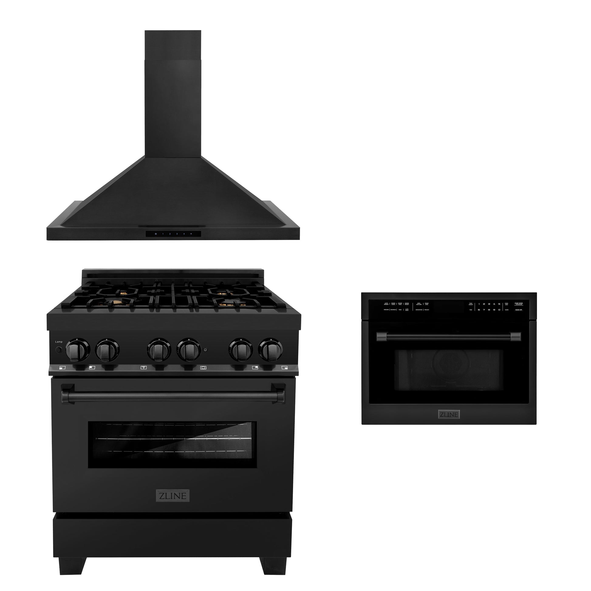 ZLINE 30 in. Kitchen Package with Black Stainless Steel Dual Fuel Range, Convertible Vent Range Hood and 24 in. Microwave Oven (3KP-RABRHMWO-30)