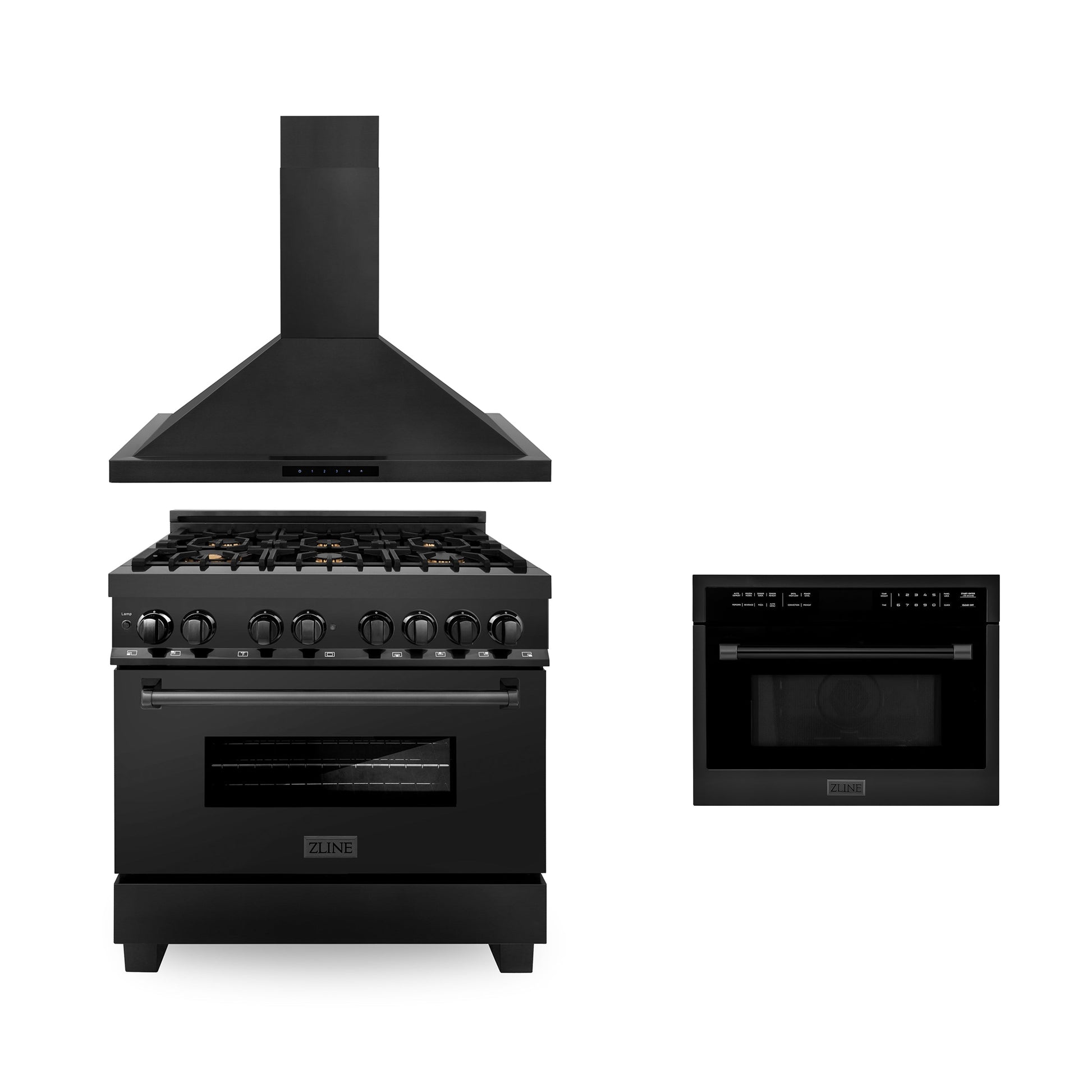 ZLINE 36 in. Kitchen Package with Black Stainless Steel Dual Fuel Range, Convertible Vent Range Hood and 24 in. Microwave Oven (3KP-RABRHMWO-36)