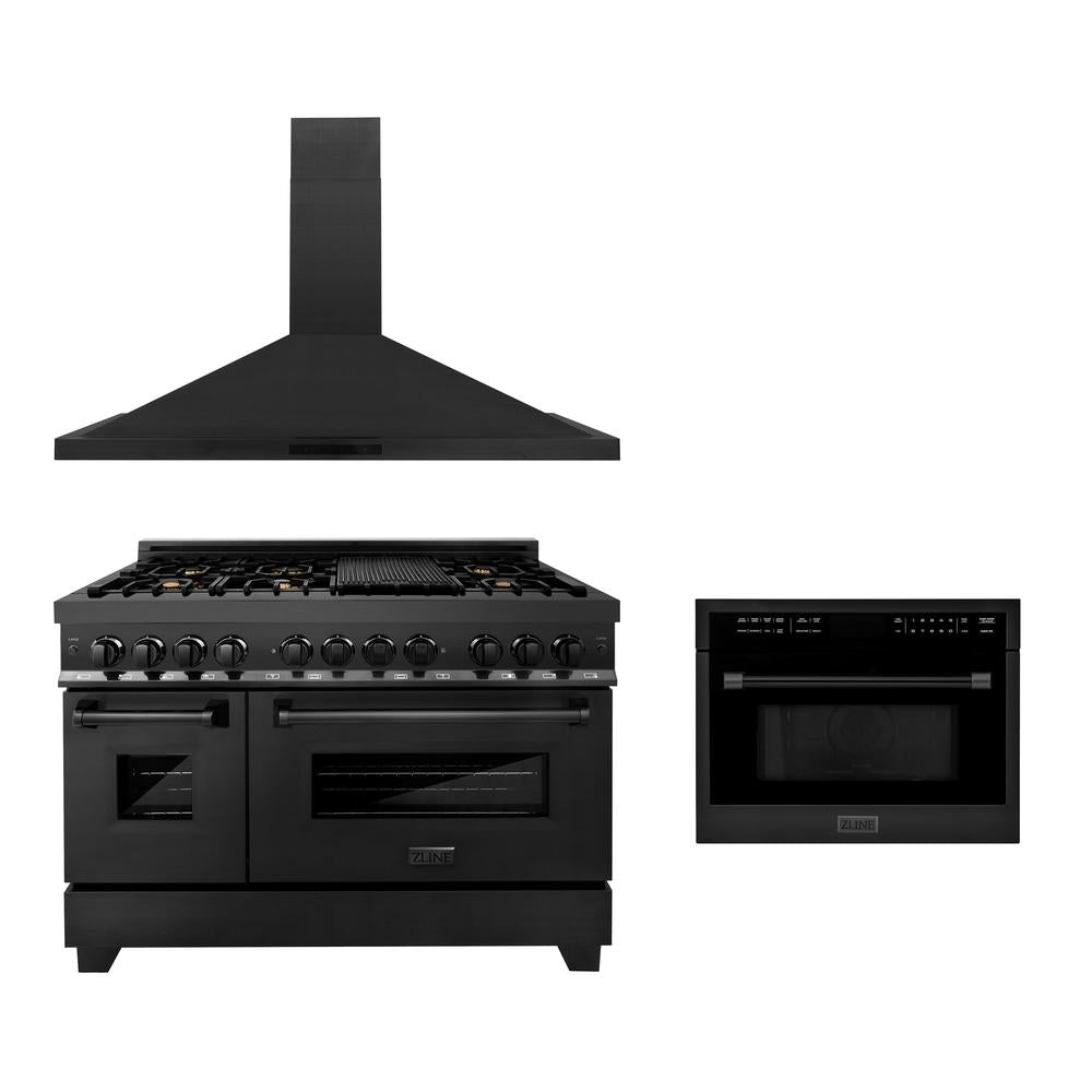 ZLINE 48 in. Kitchen Package with Black Stainless Steel Dual Fuel Range, Convertible Vent Range Hood and 24 in. Microwave Oven (3KP-RABRHMWO-48)