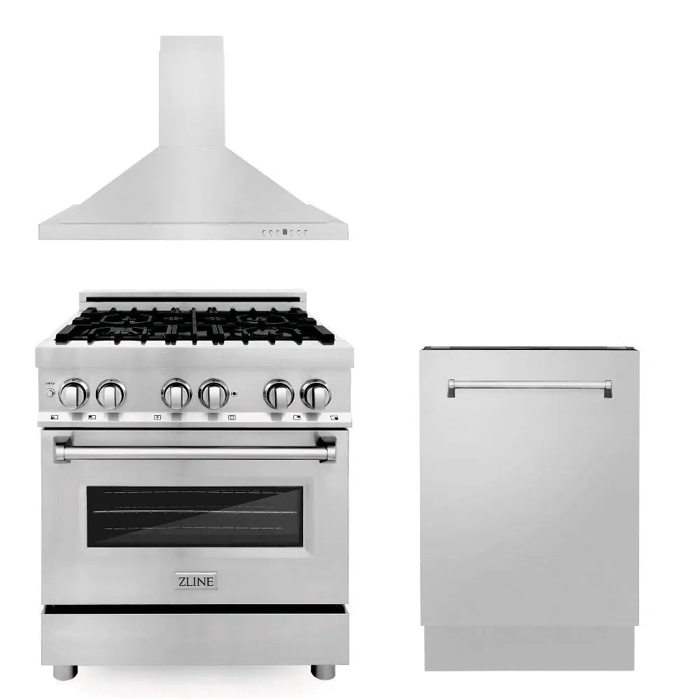 ZLINE 30 in. Kitchen Package with Stainless Steel Dual Fuel Range, Convertible Vent Range Hood and Tall Tub Dishwasher (3KP-RARH30-DWV) main image.