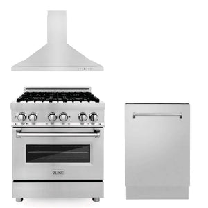 ZLINE 30 in. Kitchen Package with Stainless Steel Dual Fuel Range, Convertible Vent Range Hood and Tall Tub Dishwasher (3KP-RARH30-DWV) main image.