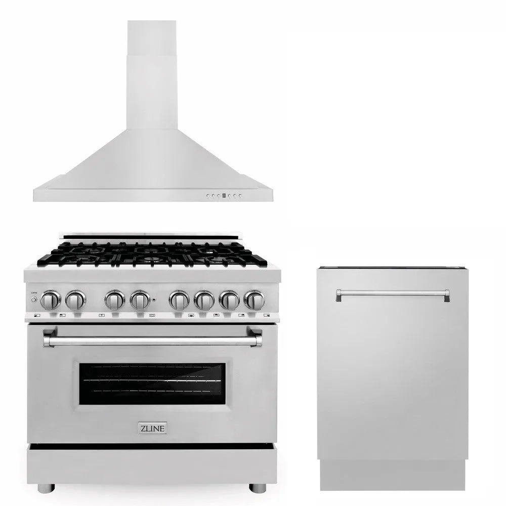 ZLINE 36 in. Kitchen Package with Stainless Steel Dual Fuel Range, Convertible Vent Range Hood and Tall Tub Dishwasher (3KP-RARH36-DWV) main image.