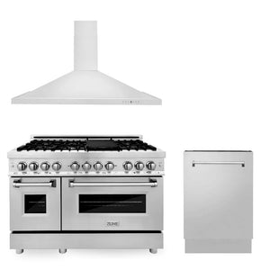 ZLINE 48 in. Kitchen Package with Stainless Steel Dual Fuel Range, Convertible Vent Range Hood and Tall Tub Dishwasher (3KP-RARH48-DWV) main image.