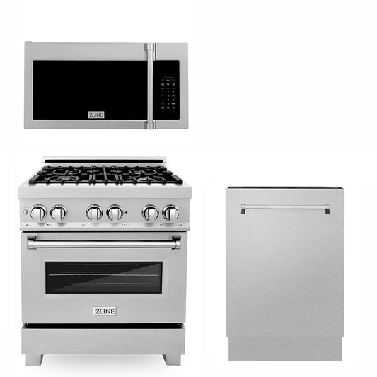 ZLINE 30 in. Kitchen Package with Satin Stainless Steel Dual Fuel Range, Over the Range Microwave and Tall Tub Dishwasher (3KP-RASOTRHDWV30)