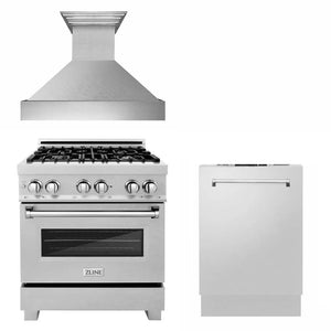 ZLINE 30 in. Kitchen Package with Satin Stainless Dual Fuel Range, Ducted Vent Range Hood and Dishwasher (3KP-RASRH30-DW) main image.