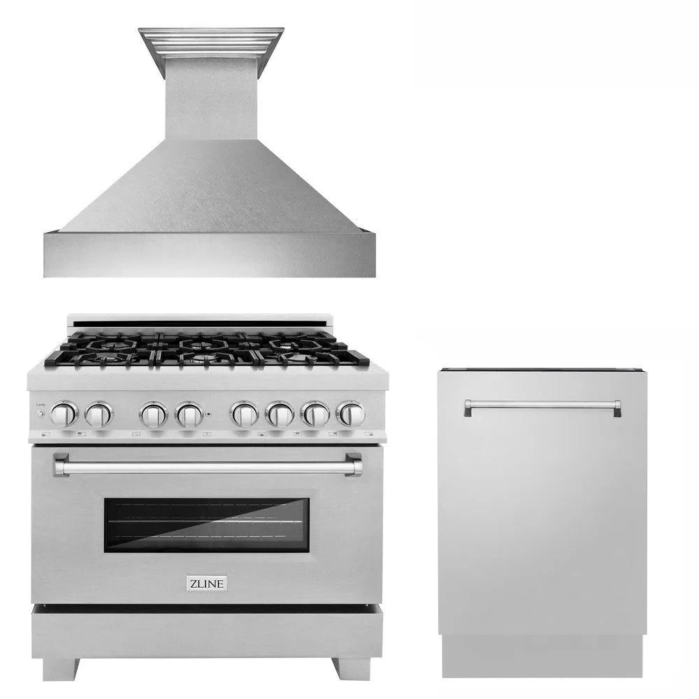 ZLINE 36 in. Kitchen Package with Satin Stainless Dual Fuel Range, Ducted Vent Range Hood and Tall Tub Dishwasher (3KP-RASRH36-DWV) main image.