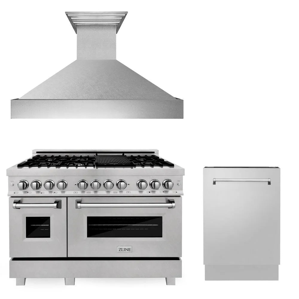 ZLINE 48 in. Kitchen Package with Satin Stainless Dual Fuel Range, Ducted Vent Range Hood and Tall Tub Dishwasher (3KP-RASRH48-DWV) main image.