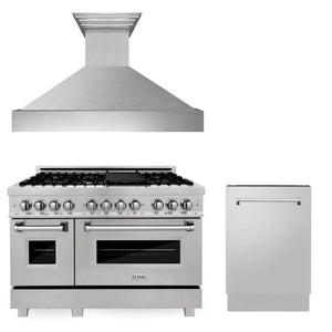 ZLINE 48 in. Kitchen Package with Satin Stainless Dual Fuel Range, Ducted Vent Range Hood and Tall Tub Dishwasher (3KP-RASRH48-DWV) main image.