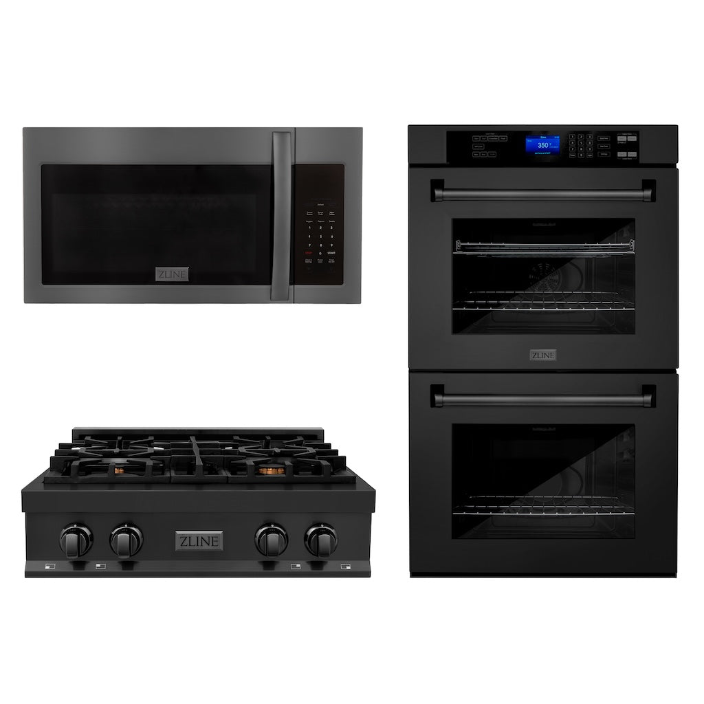 ZLINE Kitchen Package with 30 in. Black Stainless Steel Rangetop, 30 in. Over The Range Microwave with Modern Handle and Double Wall Oven (3KP-RTBOTR30-AWD)