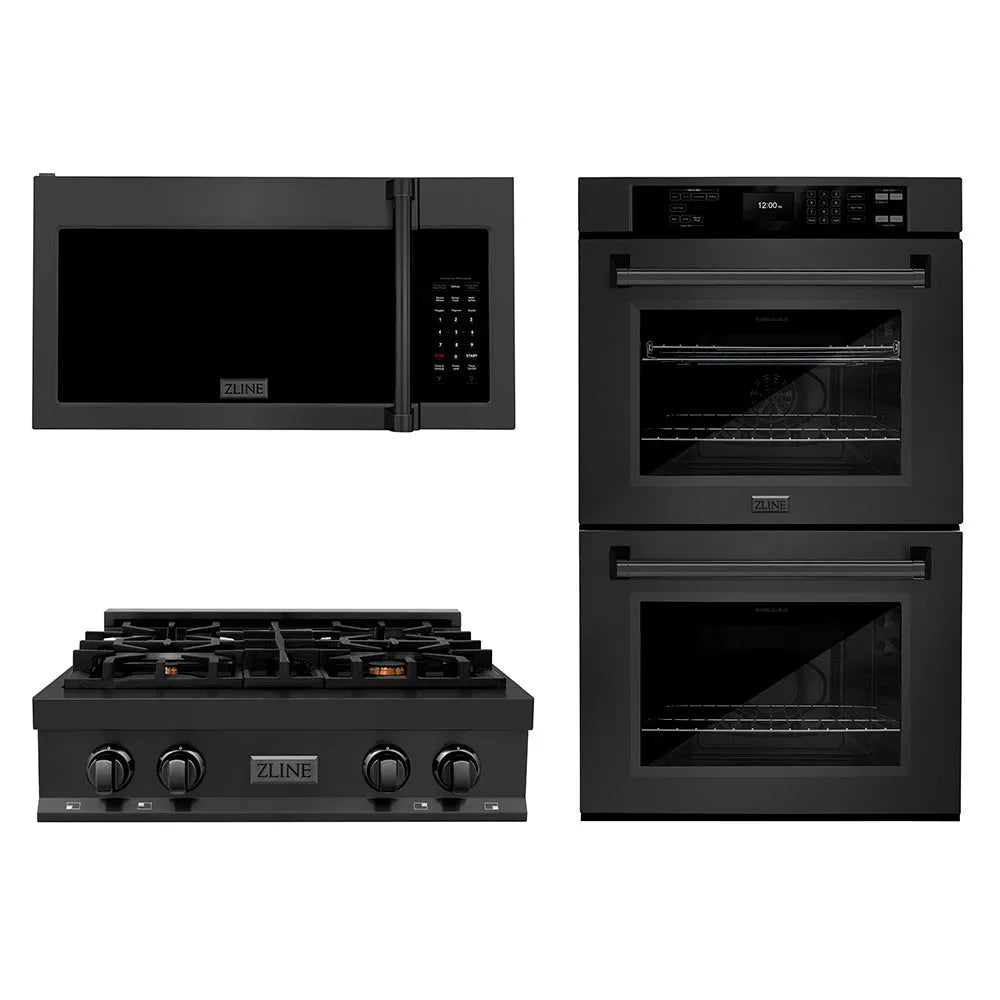 ZLINE Kitchen Package with 30 in. Black Stainless Steel Rangetop, 30 in. Over The Range Microwave with Traditional Handle and Double Wall Oven (3KP-RTBOTRH30-AWD) main image.